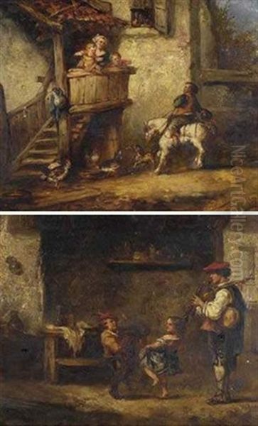 Cavalier Et Enfants Sur Un Balcon (+ Musiciens Et Enfants Dans Un Interieur; Pair) Oil Painting by Martin Domicent