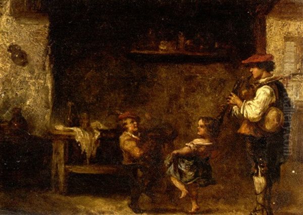 Cavalier Et Enfants Sur Un Balcon (+ Musicien Et Enfants Dans Un Interieur; Pair, 1 Sgnd) Oil Painting by Martin Domicent