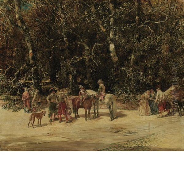 A Gathering Of Cavaliers And Elegant Ladies In A Park Oil Painting by Francisco Domingo Marques