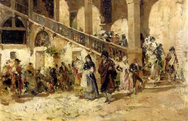 Elegant Figures Descending A Staircase Oil Painting by Francisco Domingo Marques