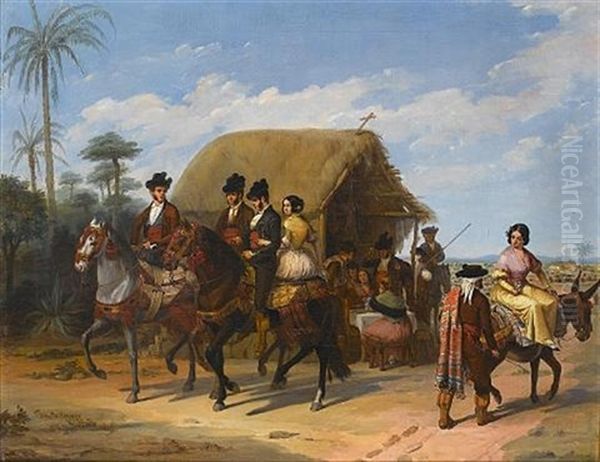 The Picnic (+ Riders Passing By A Tavern; Pair) Oil Painting by Joaquin Dominguez Becquer