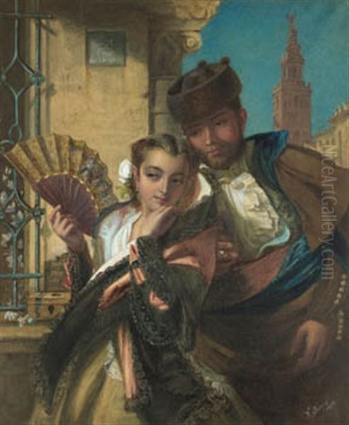 Pareja Con La Giralda Al Fondo Oil Painting by Valeriano (Valerio) Dominguez Becquer