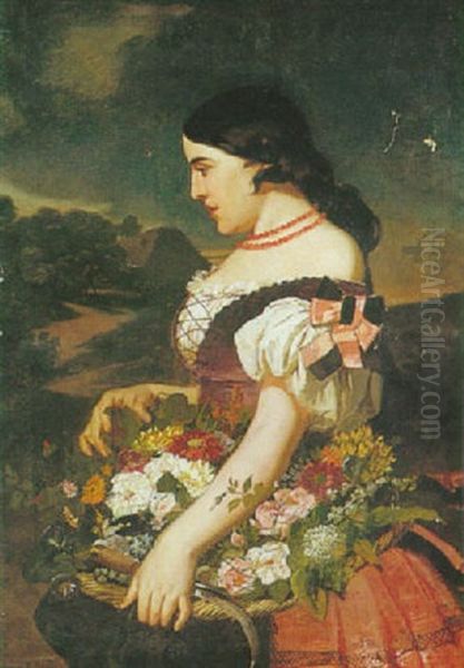 A Spanish Maiden With Freshly Cut Flowers Oil Painting by Valeriano (Valerio) Dominguez Becquer