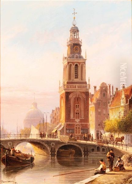 Fishermen Along The Singel At Dusk Oil Painting by Cornelis Christiaan Dommelshuizen