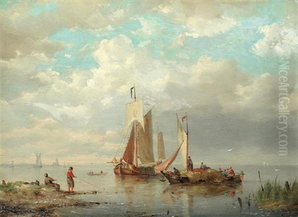 Pulling The Boats Ashore Oil Painting by Cornelis Christiaan Dommelshuizen