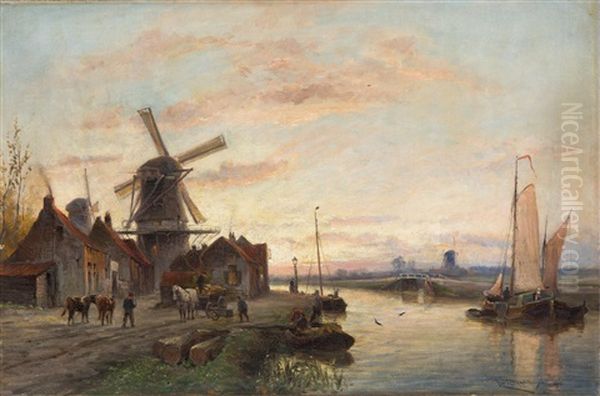 Avond Aan De Vliet Oil Painting by Cornelis Christiaan Dommelshuizen