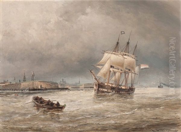 Vlissingue, Entrance To The Schelde, A Three Masted Merchantship Taking In Their Pilot Oil Painting by Cornelis Christiaan Dommelshuizen