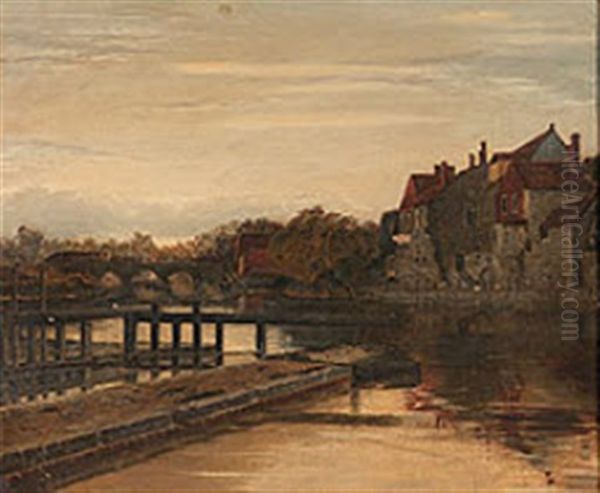 Dutch Canal Scene Oil Painting by Cornelis Christiaan Dommelshuizen