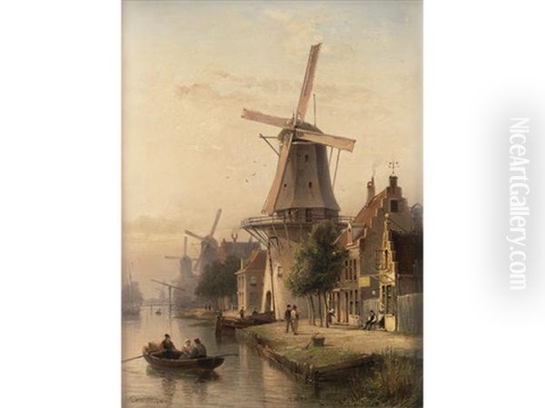 A Dutch Windmill Scene Oil Painting by Cornelis Christiaan Dommelshuizen