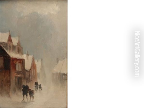 A Winters Walk (+ 2 Others; 3 Works) Oil Painting by Cornelis Christiaan Dommelshuizen