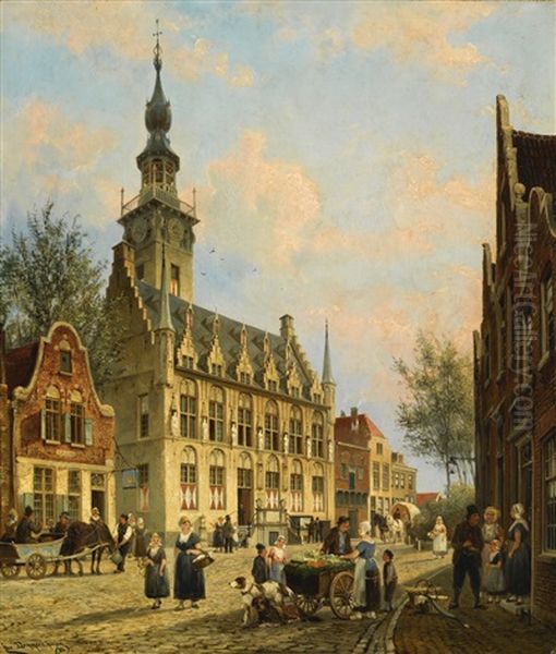 The Town Hall In Veere Oil Painting by Cornelis Christiaan Dommelshuizen