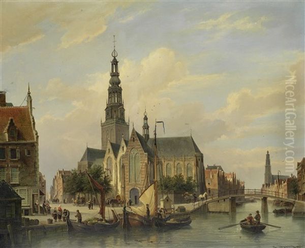 A Dutch Canal Scene Oil Painting by Cornelis Christiaan Dommelshuizen