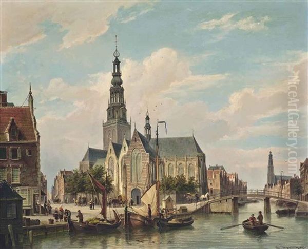 Rowing On An Amsterdam Canal Oil Painting by Cornelis Christiaan Dommelshuizen