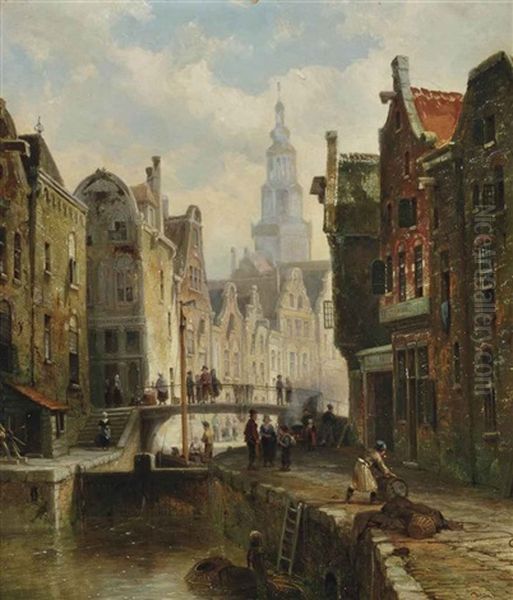 A Townview With Figures By A Canal And A Church In The Background Oil Painting by Cornelis Christiaan Dommelshuizen