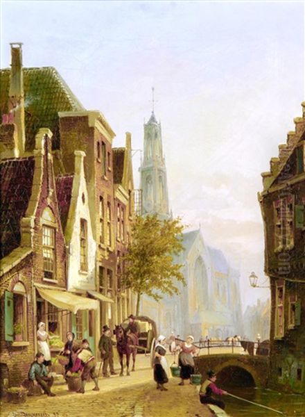 Cathedral, Vienna; Dutch Street Scene (pair) Oil Painting by Cornelis Christiaan Dommelshuizen