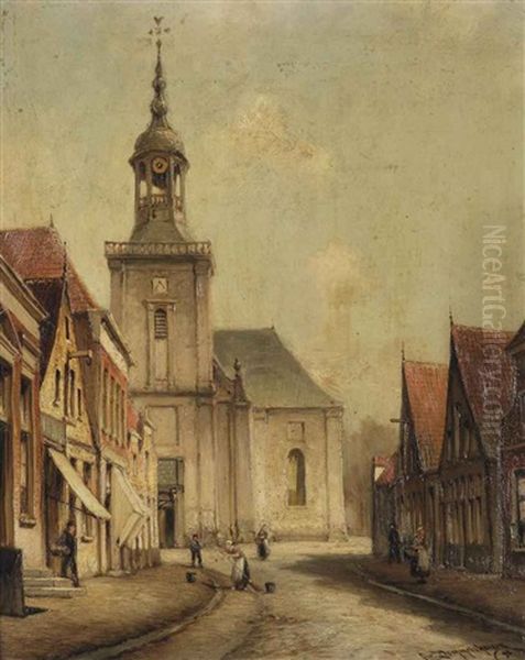 A View Of The Kerkstraat In Almelo Oil Painting by Cornelis Christiaan Dommelshuizen