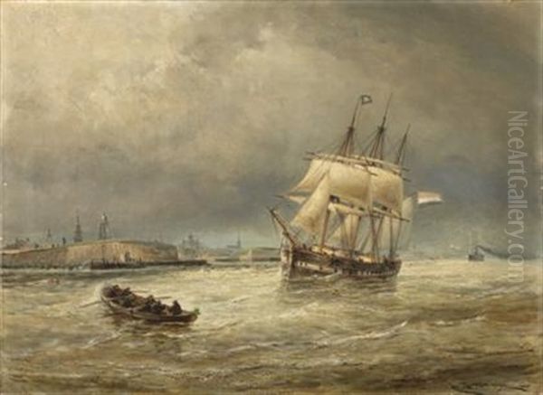 Vlissingue - Entrance To The Schelde; A Three Masted Merchant Ship Taking In Their Pilot Oil Painting by Cornelis Christiaan Dommelshuizen