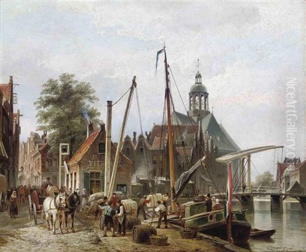 Unloading A Barge On A Rotterdam Quay Oil Painting by Cornelis Christiaan Dommelshuizen