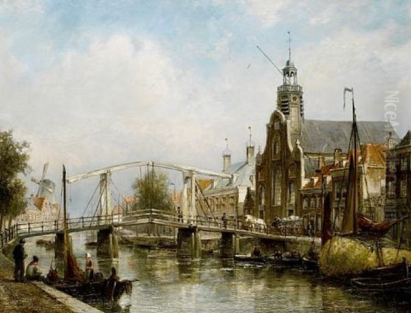 View Of The Magere Brug, Amsterdam Oil Painting by Cornelis Christiaan Dommelshuizen