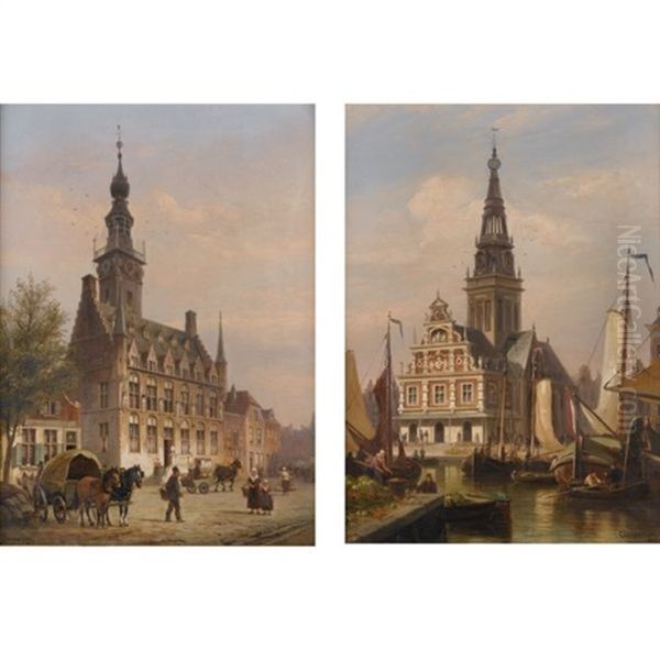 L'hotel De Ville, Zeeland (+ L'hotel De Ville, Alkmaar; Pair) Oil Painting by Cornelis Christiaan Dommelshuizen