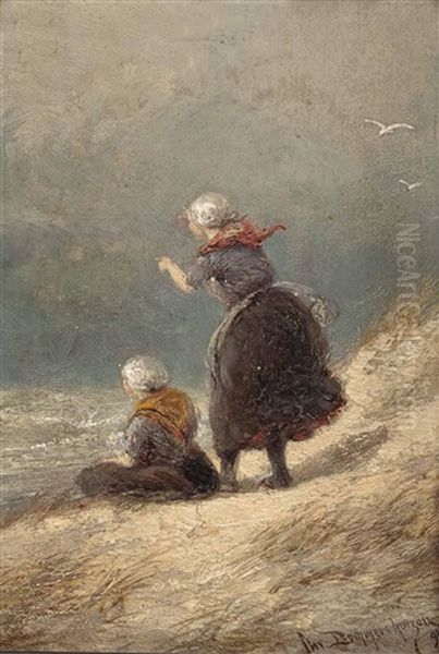 Zwei Madchen An Sturmischer Kuste Oil Painting by Cornelis Christiaan Dommelshuizen