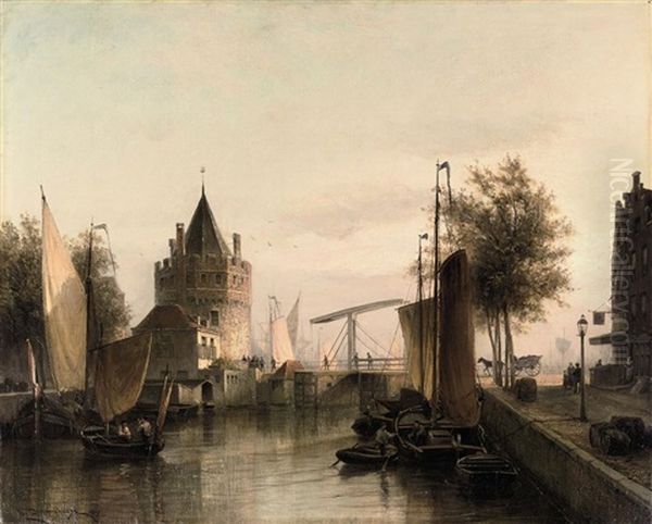 View Of Amsterdam, With The Schreierstoren Oil Painting by Cornelis Christiaan Dommelshuizen