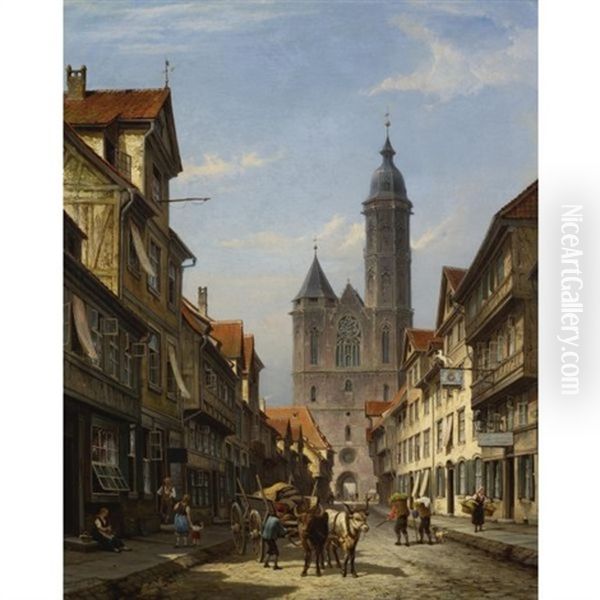 Dutch Street Scene With Cathedral Oil Painting by Cornelis Christiaan Dommelshuizen