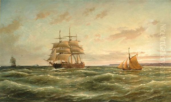 A Three-master And Other Sailing Boats On Sea Oil Painting by Cornelis Christiaan Dommelshuizen