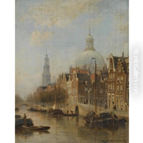 A View Of An Amsterdam Canal, Possibly The Nieuwezijds Voorburgwal, With The Nieuwe Lutherse Kerk And The Westertoren In The Distance by Cornelis Christiaan Dommelshuizen