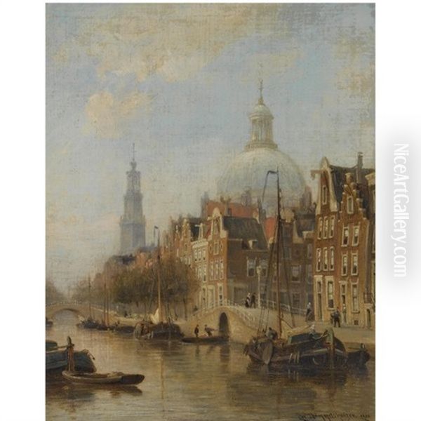 A View Of An Amsterdam Canal (nieuwezijds Voorburgwal ?), With The Nieuwe Lutherse Kerk And The Westertoren In The Distance Oil Painting by Cornelis Christiaan Dommelshuizen