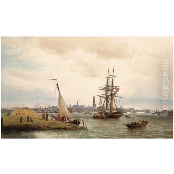 The Harbour Of Antwerp With A View From The Left Bank Over The River Scheldt And The Onze Lieve Vrouw Cathedral In The Background Oil Painting by Cornelis Christiaan Dommelshuizen