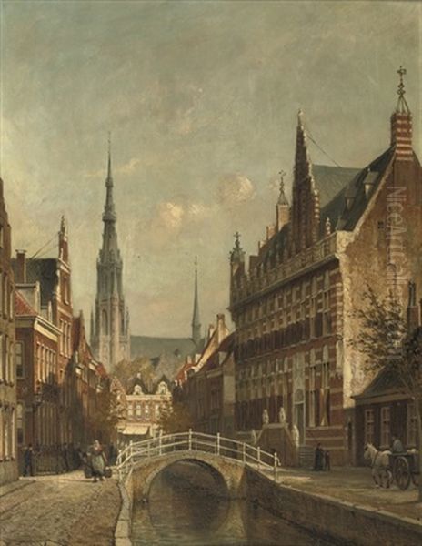 De Kanselarij Te Leeuwarden: A Sunlit Canal Oil Painting by Cornelis Christiaan Dommelshuizen