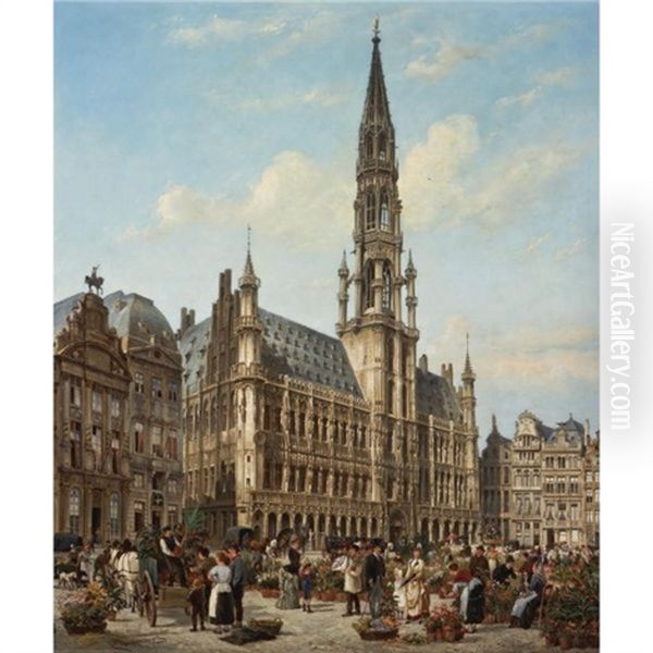 The Flower Market In The Grande Place, Brussels Oil Painting by Cornelis Christiaan Dommelshuizen