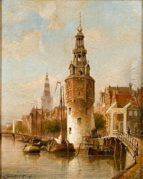 The Montelbaans Tower (+ The Schreyers Tower, Amsterdam; Pair) Oil Painting by Cornelis Christiaan Dommelshuizen