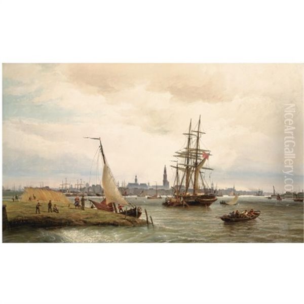 The Harbour Of Antwerp With A View From The Left Bank Over The River Scheldt And The Onze Lieve Vrouw Cathedral In The Background Oil Painting by Cornelis Christiaan Dommelshuizen