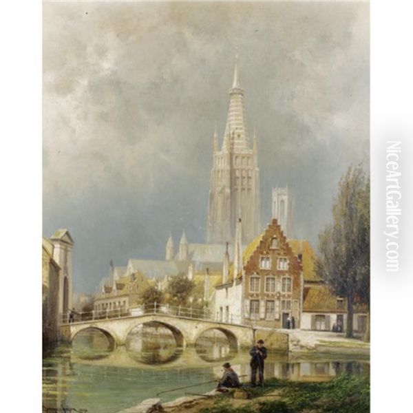 Bruges; A Rising Storm Oil Painting by Cornelis Christiaan Dommelshuizen