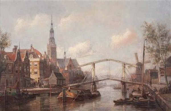 View Of The Magere Brug, Amsterdam Oil Painting by Cornelis Christiaan Dommelshuizen