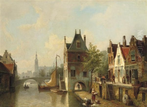 A Capriccio View Of A Canal In Alkmaar Oil Painting by Cornelis Christiaan Dommelshuizen