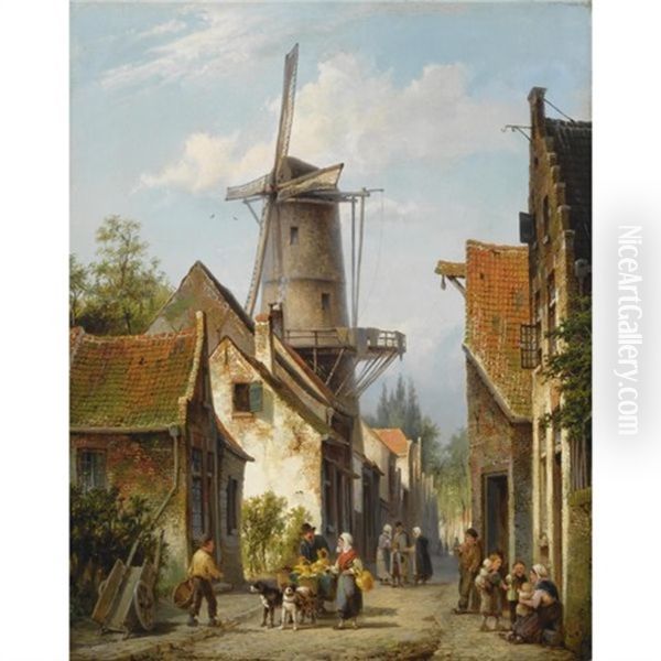 Figures In The Streets Of A Dutch Town Oil Painting by Cornelis Christiaan Dommelshuizen