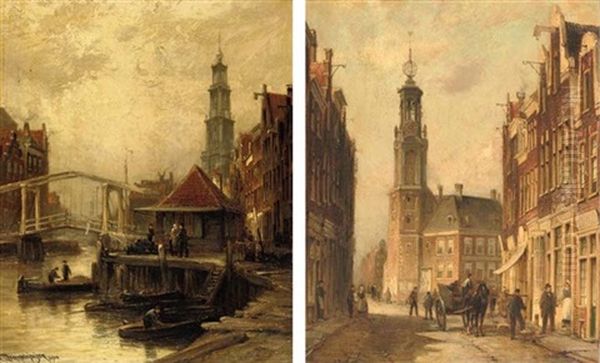 Oud Amsterdam, De Munt Toren En Hotel (+ Oud Amsterdam Bikkerseiland; Pair) Oil Painting by Cornelis Christiaan Dommelshuizen