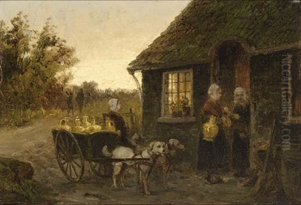 Dog-cart With Girl Near A House Oil Painting by Cornelis Christiaan Dommelshuizen