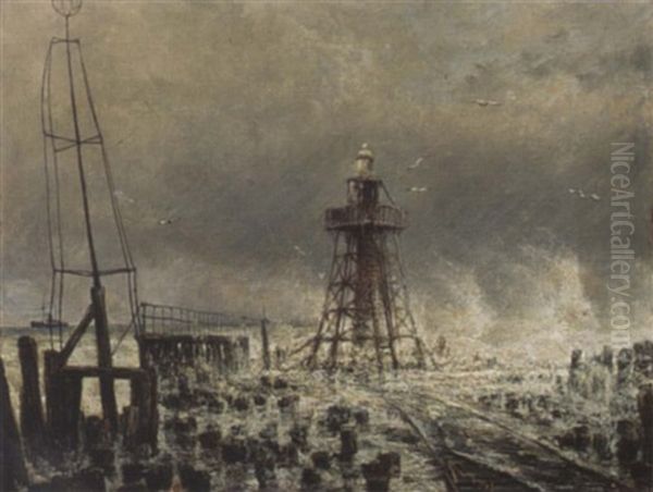 Phare At The End Of The North Breakwater, Tide Coming In At The Hoek Van Holland Oil Painting by Cornelis Christiaan Dommelshuizen