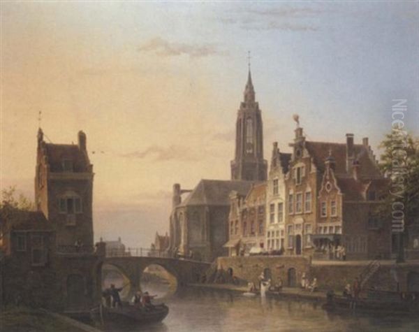 A View Of A Canal In A Dutch Town Oil Painting by Cornelis Christiaan Dommelshuizen