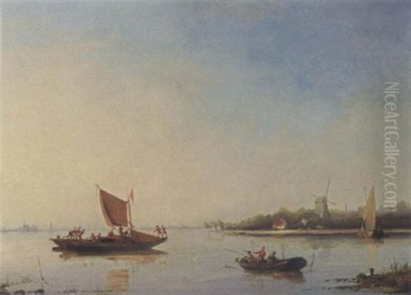 Fishermen In A Calm Oil Painting by Cornelis Christiaan Dommelshuizen