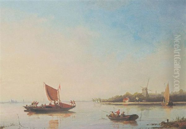 Fishermen In A Calm Oil Painting by Cornelis Christiaan Dommelshuizen