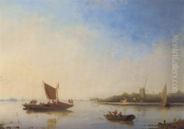 Fishing Boats In A River Landscape Oil Painting by Cornelis Christiaan Dommelshuizen