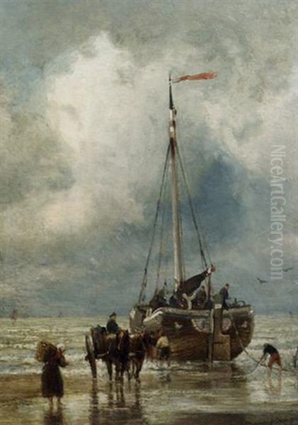 Fishermen Unloading A Bomschuit Oil Painting by Cornelis Christiaan Dommelshuizen