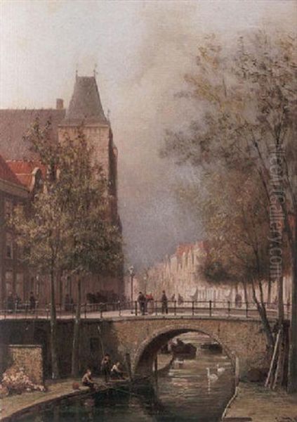 A Dutch Town Scene Oil Painting by Cornelis Christiaan Dommelshuizen