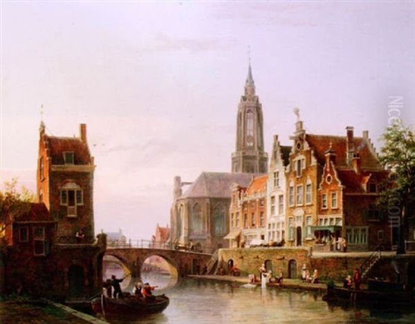 A Canal Scene, Utrecht Oil Painting by Cornelis Christiaan Dommelshuizen