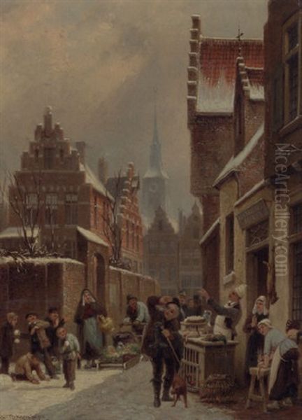 Un Coin Du Marche A Turnhout Oil Painting by Cornelis Christiaan Dommelshuizen